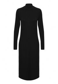 Schwarzes, geripptes Strickkleid mit einem halben Rollkragen, langen Ärmeln und gerader Silhouette, das einen knielangen Saum und eine glatte Textur aufweist.