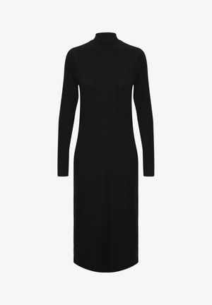 Schwarzes, geripptes Strickkleid mit einem halben Rollkragen, langen Ärmeln und gerader Silhouette, das einen knielangen Saum und eine glatte Textur aufweist.