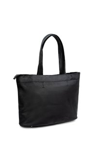 Svart toteväska med slät yta, dragkedjestängning och dubbla platta handtag. Har sydda detaljer nära toppen och en rymlig insida.