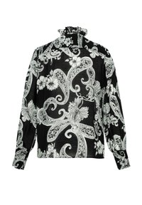 Schwarze Bluse mit einem weißen Blumen- und Paisleymuster, hohem, gerafftem Kragen, langen Ärmeln und gerafften Manschetten. Leichter Stoff.