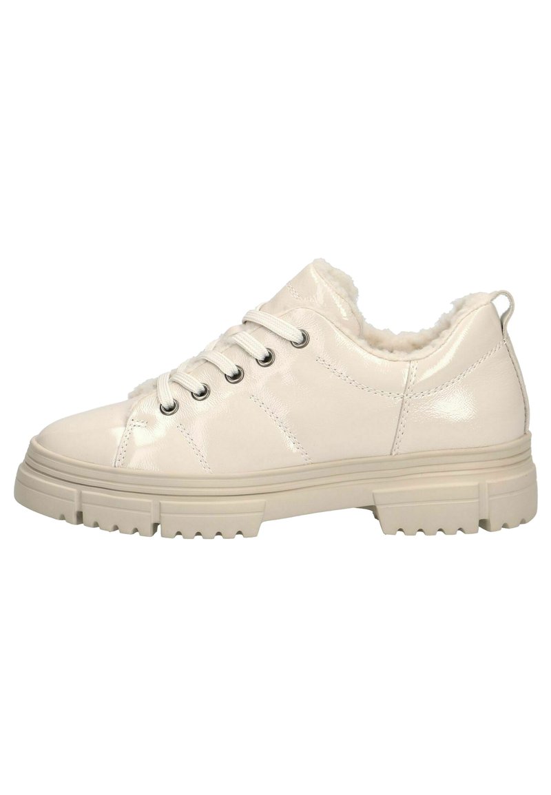 Weiße Sneakers aus patentiertem Leder mit Fellfutter, runder Zehenpartie, sechs Ösen-Schnürung und robuster Gummisohle. Glatte Oberfläche mit dezenten Nähten.