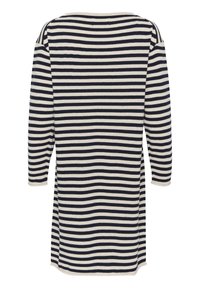 Abito a righe blu navy e panna con maniche a tre quarti, realizzato in morbido tessuto, caratterizzato da un ampio scollo e una vestibilità comoda.
