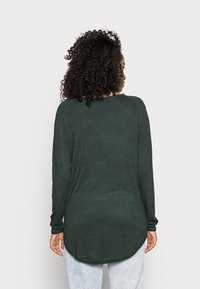 Dunkelgrüner Pullover mit langen Ärmeln, abgerundetem Saum und weicher Textur, mit entspanntem Schnitt und gerippten Bündchen.