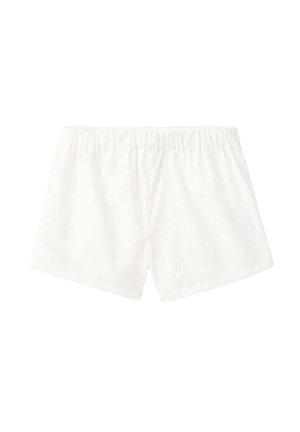 Shorts en coton blanc à taille élastique avec un ourlet droit et une coupe décontractée, présentés sur un fond blanc uni.