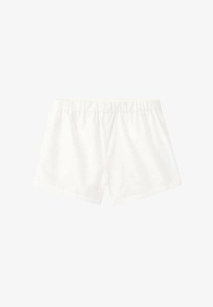Shorts en coton blanc à taille élastique avec un ourlet droit et une coupe décontractée, présentés sur un fond blanc uni.