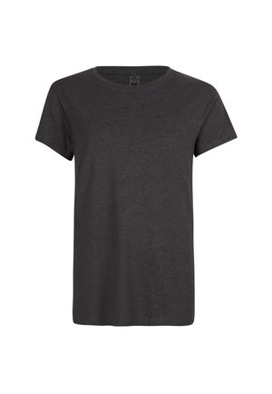 Tamsiai pilka trumpa rankovė t-shirt, pagaminta iš minkštos medžiagos, su klasikiniu apvaliu kaklu ir laisvu siluetu. Nėra matomų raštų ar akcentų.