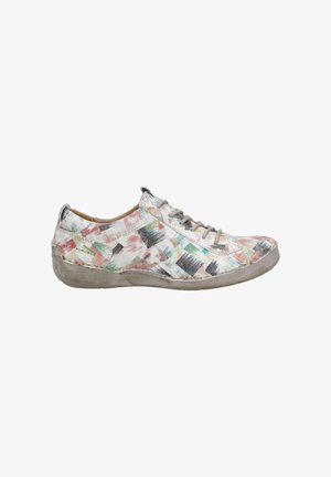 Multicolored sneaker with a textured fabric upper featuring abstract patterns in pastel tones. Rounded toe and rubber sole in gray.