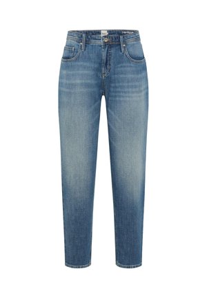 Jean bleu délavé à jambe droite avec fermeture à boutons et zip, poches avant et poche monnaie, présenté sur un fond blanc.