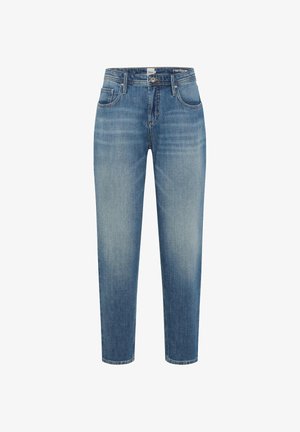 Jean bleu délavé à jambe droite avec fermeture à boutons et zip, poches avant et poche monnaie, présenté sur un fond blanc.