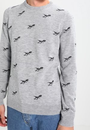 Jasnoszary sweter z powtarzającym się wzorem czarnych szkieletów dinozaurów, noszony przez osobę w niebieskich dżinsach, ukazany od szyi do bioder.