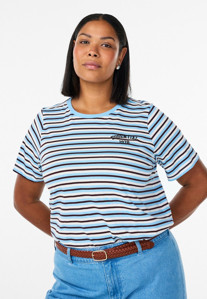 Triibuline T-särk helesiniste, valgete ja pruunide horisontaalsete joontega, ümara kaelusega, lühikeste varrukatega, millel on tikitud "ESSENTIAL 1979" detail.