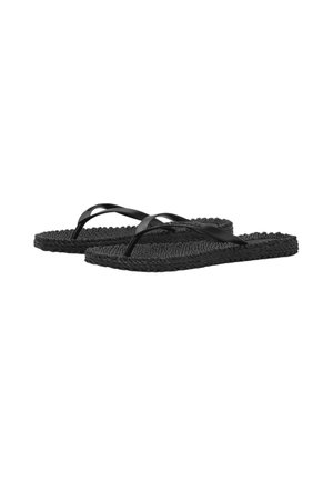 Paar schwarze gewebte Flip-Flops mit strukturiertem Absatz und glatten, Y-förmigen Riemen, nebeneinander auf weißem Hintergrund gezeigt.