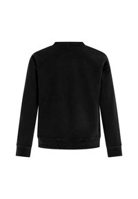 Zwart fleece sweater, ronde halslijn, lange mouwen, ribgebreide manchetten en onderrand. Zachte textuur, effen kleur, geen zichtbare patronen of hardware.