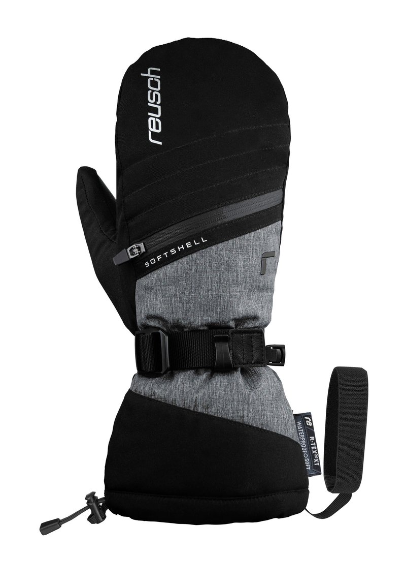 Schwarze und graue Softshell-Handschuhe mit einem Reißverschlussfach, verstellbarem Riemen und elastischem Handgelenk. Sie verfügen über eine strukturierte Oberfläche und verstärkte Akzente.