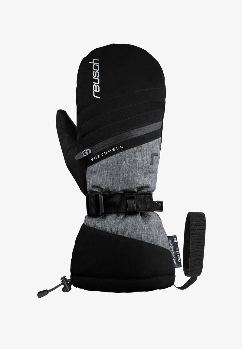 Schwarze und graue Softshell-Handschuhe mit einem Reißverschlussfach, verstellbarem Riemen und elastischem Handgelenk. Sie verfügen über eine strukturierte Oberfläche und verstärkte Akzente.