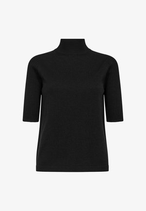 Mustasukainen lyhythihainen paita, jossa on korkea mock-neck. Olkiosissa ja hihoissa on ribbikuviointi. Tasainen kangas ja rento leikkaus.