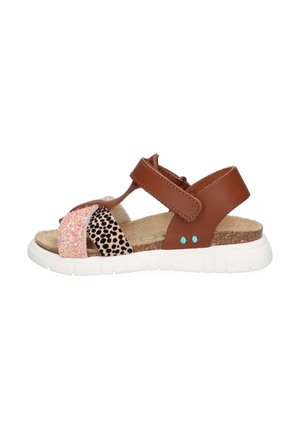 Brown leather sandal with pink glitter and leopard print straps, cork insole, and white rubber sole featuring textured ridges.