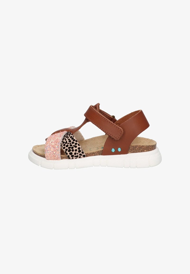 Brown leather sandal with pink glitter and leopard print straps, cork insole, and white rubber sole featuring textured ridges.
