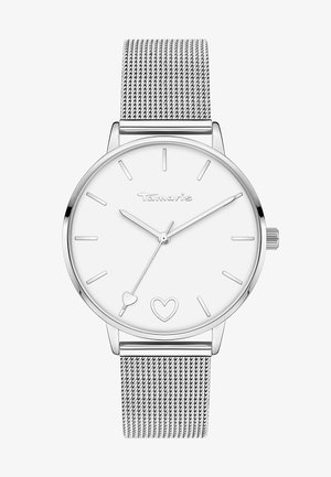 Silbernes Mesh-Armband-Uhr mit einem runden weißen Zifferblatt, minimalistischem Design, mit silbernen Stundenmarkierungen, Zeigern und Herzdetails. Marke: Tamaris.