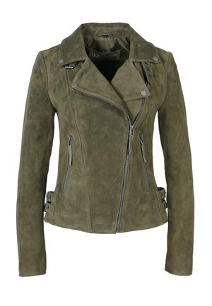 Olive green suede jacket with an asymmetrical zip, snap details, and side pockets. Features a smooth texture and fitted design.