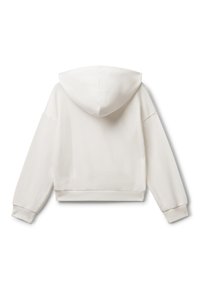 Gekürzter weißer Hoodie mit weichem Material, langen Ärmeln und einer Kordelzugkapuze. Abgerundet mit gerippten Bündchen und Saum.