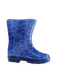 Botte de pluie en caoutchouc bleu avec un motif léopard bleu foncé et une semelle nervurée pour une meilleure adhérence.