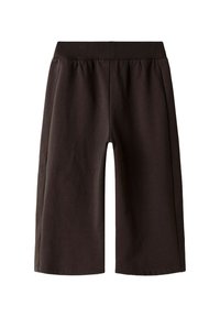 Czarne bawełniane szorty z elastycznym pasem, o długości sięgającej kolan i gładkiej fakturze. Posiadają przeszywane szwy i brak kieszeni.