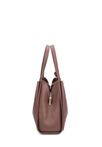 Bruin leren handtas met textuur, een ritsluiting, twee smalle hengsels en een gestructureerde vorm. Heeft een gouden ritsaccent.