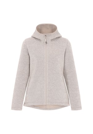 Hellgrauer Hoodie mit glattem Innenfutter, durchgehendem Reißverschluss und verstellbarem Kordelzug an der Kapuze. Mit seitlichen Taschen.