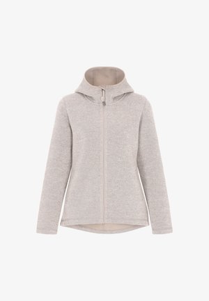 Svetlošedá mikina s hladkým vnútorným podšívaním, plným zipsom a nastaviteľným sťahovacím šnúrkou na kapucni. Má bočné vrecká.