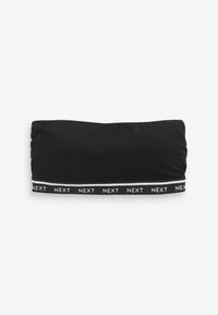 Schwarzer Bandeau-BH mit elastischem Band am unteren Rand, das wiederholten weißen "NEXT"-Text und einen dünnen weißen Streifen oberhalb des Bands zeigt.