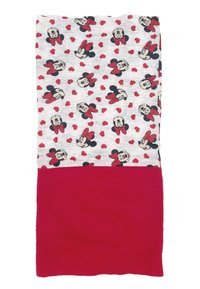 Mickey- und Minnie-Maus-Muster auf grauem Stoff mit roten Herzen, kontrastiert durch einen einfarbigen roten unteren Abschnitt, aus weichem Baumwollgemisch.