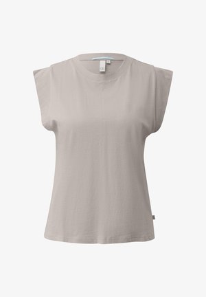 Ärmelloses beiges Baumwolltop mit gepolsterten Schultern und Rundhalsausschnitt, Größe M, auf weißem Hintergrund dargestellt.