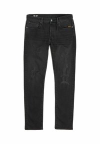 Jeans in denim nero con un design slim-fit, caratterizzati da dettagli strappati nella parte anteriore e una chiusura classica con bottone e patta con zip.