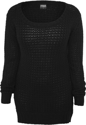 Pull en tricot noir avec un décolleté large, des manches longues et un motif en tricot ajouré, doté de poignets et d'un ourlet côtelés. Taille small.