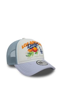 White trucker cap with light blue brim and mesh back. Embroidered "Los Angeles Dodgers" and fruit design in orange and green accents.