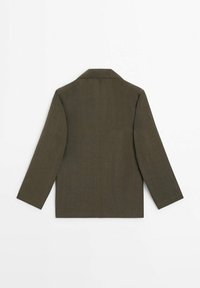 Khaki linnen blazer, enkelrijks ontwerp, lange mouwen, geknipte kraag, achterkant split, getailleerde pasvorm, soepele textuur, minimalistische stijl.