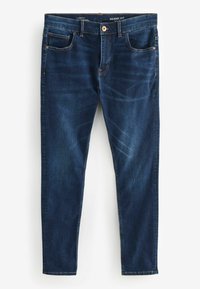 Jeans din denim slim fit de culoare albastră închisă, cu cinci buzunare, ușoară decolorare pe coapse și accente de cusătură. Închidere cu buton metalic și fermoar.