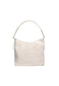 Beige axelremsväska i slätt material, med en halvmåneform, en enkel rem och en liten guldlogotyp som accent vid framsidan.