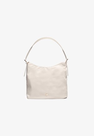 Beige schoudertas gemaakt van soepel materiaal, met een halve maan vorm, een enkele schouderband en een klein gouden logo accent aan de voorkant.