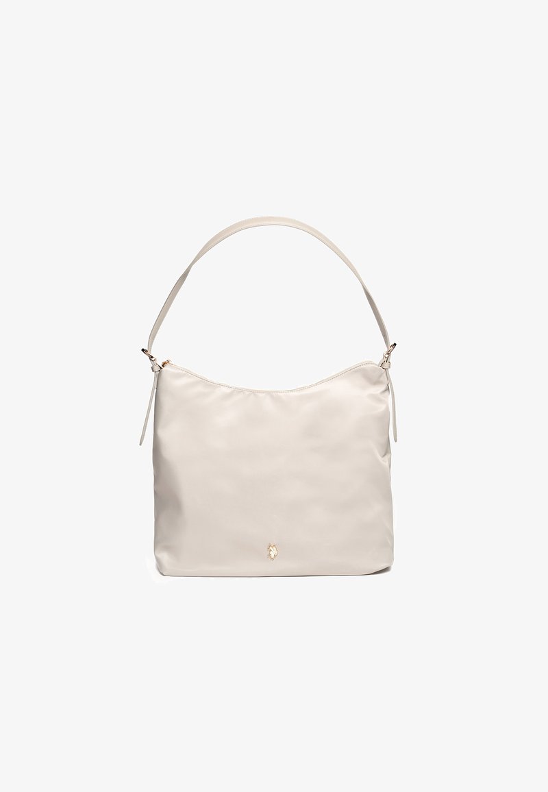 Beige schoudertas gemaakt van soepel materiaal, met een halve maan vorm, een enkele schouderband en een klein gouden logo accent aan de voorkant.