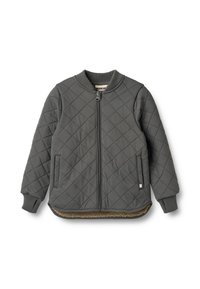 Szara pikowana kurtka typu bomber z prążkowanymi mankietami i kołnierzem, suwakiem z przodu oraz dwoma bocznymi kieszeniami. Podszyta miękkim beżowym futerkiem dla dodatkowego ciepła.
