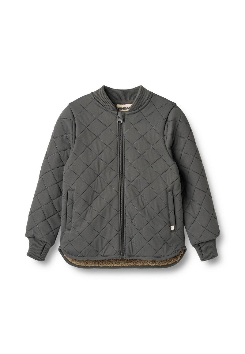 Szara pikowana kurtka typu bomber z prążkowanymi mankietami i kołnierzem, suwakiem z przodu oraz dwoma bocznymi kieszeniami. Podszyta miękkim beżowym futerkiem dla dodatkowego ciepła.