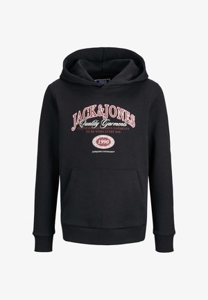 Sudadera negra con bolsillo tipo canguro en la parte frontal, con texto impreso en blanco y rojo. Hecha de material suave, cuenta con capucha con cordones y puños acanalados.