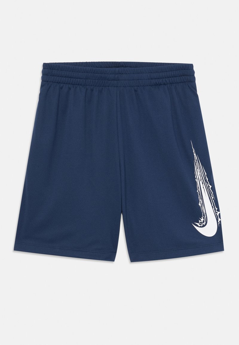 Pantalones cortos deportivos de la Marina con cintura elástica, hechos de una tela texturizada. Presenta un logotipo blanco de Nike con un diseño dinámico en el lado izquierdo.