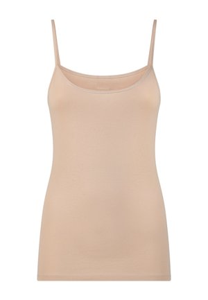 Top color beige con spalline sottili, realizzato in un materiale morbido e liscio, caratterizzato da un scollo rotondo e una silhouette aderente.