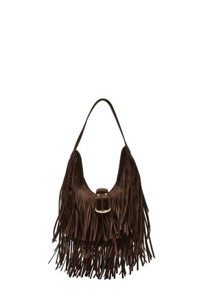 Sac bandoulière en daim marron avec de longues franges détaillées et une sangle avant ornée d'une boucle rectangulaire de couleur or.