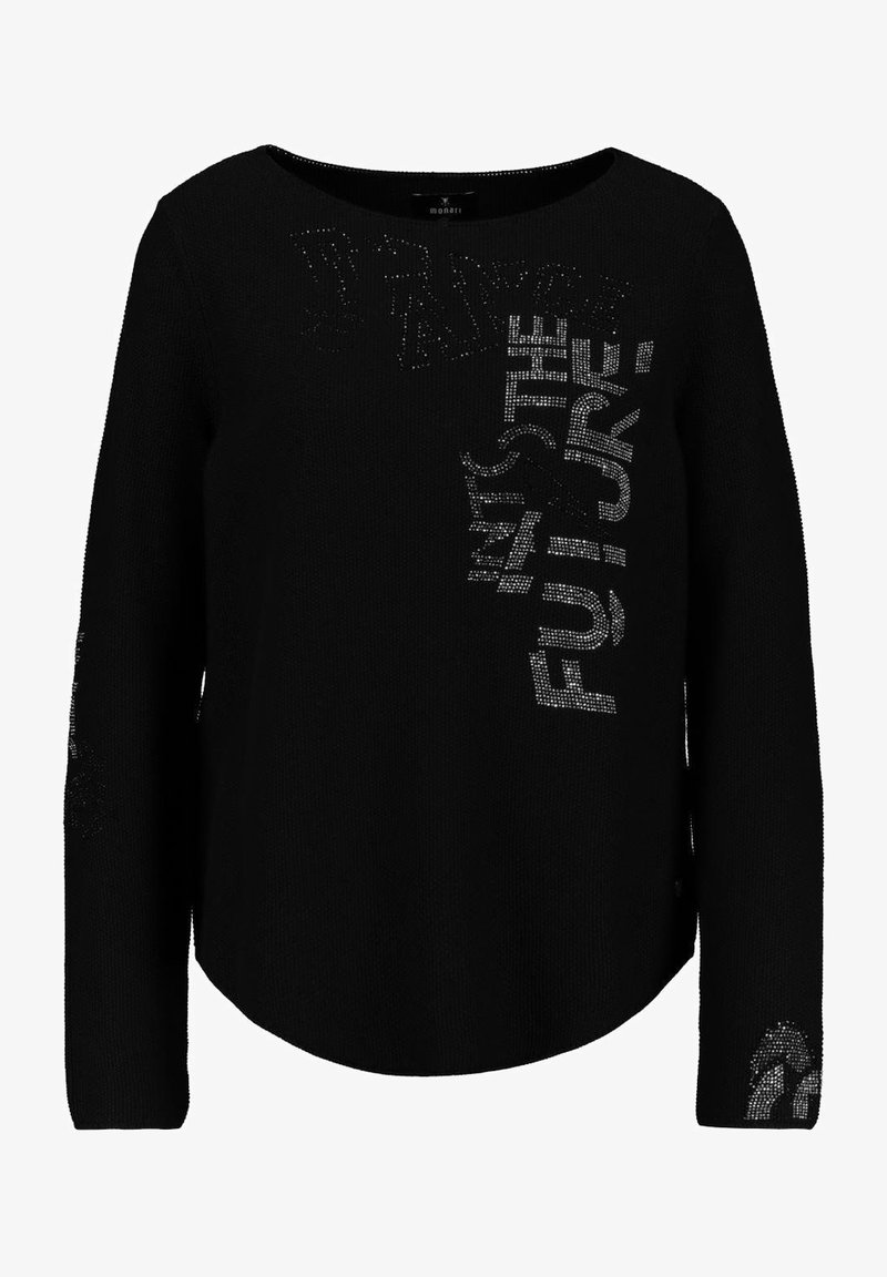 Pull noir à manches longues avec texte en strass argenté disant "ANY STYLE FUN! URBAN" sur le devant et accents scintillants sur les manches.