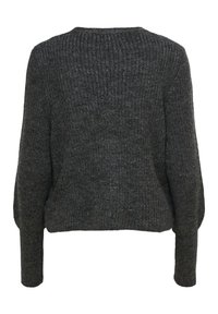 Szary, dzianinowy sweter o luźnym kroju. Posiada okrągły dekolt, długie rękawy oraz teksturę ściągacza. Widok z tyłu pokazuje prosty design.