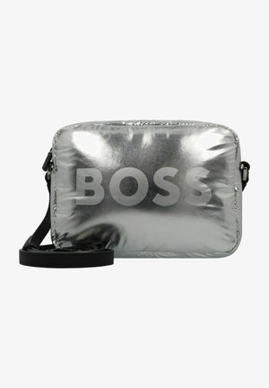 Silver metallic crossbody bag with padded texture, featuring a large, bold "BOSS" logo in gray. Includes a black adjustable strap.